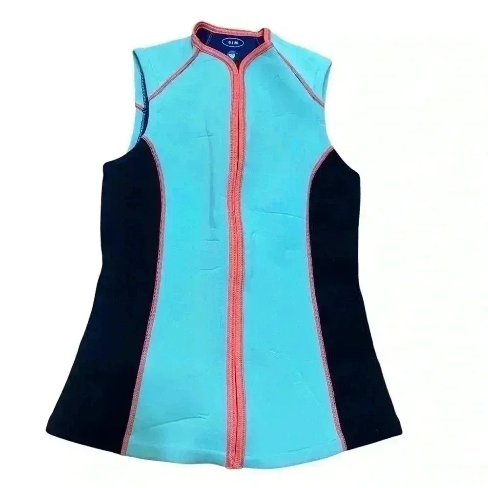 Roxy Women's Aqua Blue and Black Front-Zip Swim Vest with Coral Trim